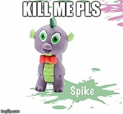 Size: 354x329 | Tagged: safe, spike, dragon, g4, bootleg, bowtie, cake topper, caption, faic, image macro, irl, kill me, male, meme, photo, solo, text, toy, wat