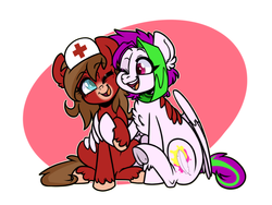 Size: 1280x960 | Tagged: safe, artist:annakitsun3, oc, oc only, oc:feather splash, pegasus, pony, chest fluff, commission, female, happy, holding hooves, hug, looking at each other, mare, nurse, sitting, smiling, underhoof, winghug