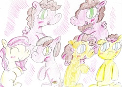Size: 2779x1992 | Tagged: safe, artist:ptitemouette, oc, oc:cheese cake, oc:cheese party, oc:chocolate cheesecake, oc:confetti surprise, oc:cream jade, oc:surprise, pony, kindverse, nonbinary, offspring, parent:cheese sandwich, parent:pinkie pie, parents:cheesepie, siblings