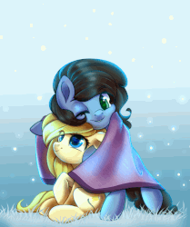 Size: 900x1077 | Tagged: safe, artist:cabbage-arts, oc, oc only, pony, animated, barely animated, blanket, cuddling, duo, female, gif, hug, smiling, snow, ych result