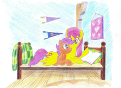 Size: 2604x1895 | Tagged: safe, artist:malte279, scootaloo, sunny rays, pegasus, pony, g4, bed, book, colored pencil drawing, hug, indoors, on bed, prone, reading, scootaloo's house, smiling, traditional art, winghug