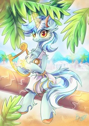 Size: 2894x4093 | Tagged: safe, artist:alexbluebird, lyra heartstrings, pony, unicorn, g4, chest fluff, clothes, female, fluffy, looking at you, lyre, magic, mare, palm tree, sitting, solo, tree