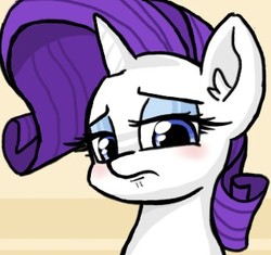 Size: 325x306 | Tagged: safe, artist:plunger, rarity, pony, unicorn, g4, bust, cute, drawthread, female, frown, lidded eyes, looking at you, mare, parody, ponified, portrait, raribetes, reaction image, scene parody, simple background, solo, striped background, zombieland saga