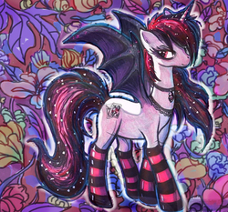 Size: 875x814 | Tagged: safe, artist:eggpop, oc, oc only, oc:blackjack, pony, fallout equestria, fallout equestria: project horizons, bat wings, choker, clothes, socks, solo, striped socks, traditional art, wings