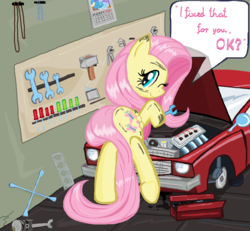 Size: 1036x959 | Tagged: safe, artist:sallycars, fluttershy, trixie, pegasus, pony, g4, bipedal, calendar, car, dirty, engine, female, fixing, folded wings, garage, hoof hold, looking at you, looking back, looking back at you, mare, mechanic, ms paint, one eye closed, raised leg, rear view, smiling, smiling at you, solo, speech bubble, toolbox, tools, v8, vehicle, wings, wink, wrench