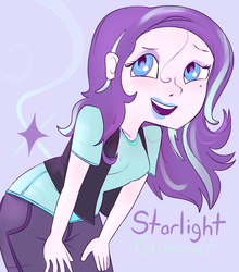 Size: 1330x1513 | Tagged: safe, artist:php93, starlight glimmer, equestria girls, g4, bent over, female, hatless, missing accessory, name, open mouth, open smile, smiling, solo