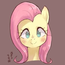 Size: 1000x1000 | Tagged: safe, artist:yanamosuda, fluttershy, pegasus, pony, g4, blushing, bust, cute, female, gray background, japanese, looking at you, mare, portrait, red background, simple background, smiling, solo