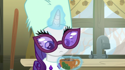 Size: 1280x720 | Tagged: safe, screencap, rarity, pony, unicorn, best gift ever, g4, aura, cup, female, glasses, glowing horn, hat, horn, looking down, magic, mare, sink, solo, sunglasses, telekinesis, tree, window, winter outfit