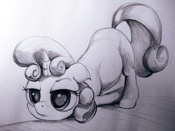 Size: 4000x3000 | Tagged: safe, artist:ponsce, sweetie belle, pony, unicorn, g4, bored, female, filly, monochrome, scene interpretation, scootie belle, sketch, traditional art