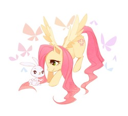Size: 643x584 | Tagged: safe, artist:lin-麟乜, angel bunny, fluttershy, pegasus, pony, rabbit, g4, duo, female, looking down, mare, smiling, spread wings, wings