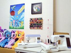 Size: 1024x768 | Tagged: safe, artist:nekokevin, starlight glimmer, sunset shimmer, trixie, pony, unicorn, series:nekokevin's glimmy, g4, female, irl, magical trio, mare, open mouth, photo, plushie, poster, self ponidox, sewing machine, sitting, smiling