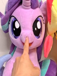 Size: 768x1024 | Tagged: safe, artist:nekokevin, starlight glimmer, sunset shimmer, human, pony, unicorn, series:nekokevin's glimmy, g4, boop, cute, female, glimmerbetes, hand, irl, irl human, looking at you, mare, offscreen character, open mouth, photo, plushie, sitting, smiling, solo focus
