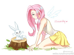 Size: 1000x748 | Tagged: safe, artist:momori, angel bunny, fluttershy, equestria girls, g4, barefoot, clothes, feet, female, human coloration, legs, miniskirt, pleated skirt, skirt, sleeveless, tank top, tree stump