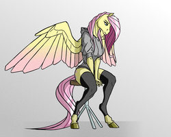 Size: 2412x1926 | Tagged: safe, artist:akweer, fluttershy, pegasus, anthro, unguligrade anthro, g4, bottomless, breasts, busty fluttershy, clothes, colored wings, colored wingtips, female, hoers, hoodie, looking down, mare, partial nudity, sitting, socks, solo, stockings, stool, thigh highs, toeless stockings