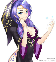 Size: 440x482 | Tagged: safe, artist:momori, rarity, human, g4, breasts, busty rarity, cleavage, ear piercing, earring, female, horn, horned humanization, humanized, jewelry, looking at you, piercing, simple background, solo, white background
