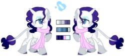 Size: 2912x1320 | Tagged: safe, artist:kookiechanxwx, rarity, classical unicorn, pony, unicorn, g4, alternate design, clothes, cloven hooves, female, horn, leonine tail, reference sheet, scarf, simple background, solo, transparent background, unshorn fetlocks