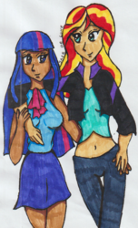 Size: 675x1111 | Tagged: safe, artist:thelunarbutterfly, sunset shimmer, twilight sparkle, equestria girls, g4, arm on shoulder, dark skin, female, human coloration, lesbian, looking at each other, ship:sunsetsparkle, shipping, simple background, traditional art