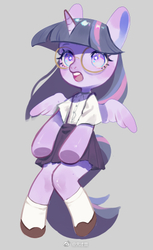 Size: 308x502 | Tagged: safe, artist:puzi, twilight sparkle, alicorn, pony, semi-anthro, g4, arm hooves, clothes, cute, female, glasses, mare, pleated skirt, shoes, skirt, socks, solo, suspenders, twilight sparkle (alicorn)