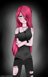 Size: 1200x1900 | Tagged: safe, artist:akimi--chan, pinkie pie, human, g4, choker, clothes, cross, crossed arms, ear piercing, earring, eyebrow piercing, female, gradient background, hair over one eye, humanized, jewelry, lip piercing, necklace, off shoulder, piercing, pinkamena diane pie, solo, torn clothes