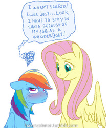Size: 500x586 | Tagged: safe, artist:hazurasinner, fluttershy, rainbow dash, g4, blatant lies, blushing, denial, embarrassed, size difference, smiling, text