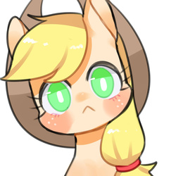 Size: 1600x1600 | Tagged: safe, artist:puzi, part of a set, applejack, earth pony, pony, g4, :<, cowboy hat, female, hat, head tilt, looking at you, mare, simple background, solo, white background