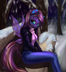 Size: 1500x1625 | Tagged: safe, artist:derpifecalus, oc, oc only, oc:lumina flare, changeling, anthro, anthro oc, changeling oc, clothes, female, jacket, jeans, pants, snow, solo, tail, wings, ych result