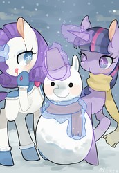 Size: 2031x2952 | Tagged: safe, artist:puzi, rarity, twilight sparkle, pony, unicorn, g4, boots, bucket, clothes, female, glowing horn, high res, horn, magic, mantle, mare, scarf, shoes, snowman, starry eyes, telekinesis, wingding eyes
