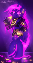 Size: 1000x1900 | Tagged: safe, artist:shad0w-galaxy, twilight sparkle, alicorn, pony, semi-anthro, g4, arm hooves, bipedal, blacklight, clothes, cosplay, costume, evelynn, female, k/da, league of legends, mare, neon, solo, twilight sparkle (alicorn), video game crossover