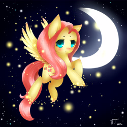 Size: 5000x5000 | Tagged: source needed, safe, artist:vardastouch, fluttershy, pegasus, pony, g4, crescent moon, female, flying, looking at you, mare, moon, night, signature, solo, spread wings, three quarter view, transparent moon, wings