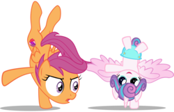 Size: 3082x1984 | Tagged: safe, artist:justablankflank, artist:red4567, edit, editor:slayerbvc, vector edit, princess flurry heart, scootaloo, alicorn, pegasus, pony, g4, baby, baby pony, cutie mark, diaper, female, filly, handstand, sibling love, sisterly love, spread wings, teacher and student, teaching, the cmc's cutie marks, upside down, vector, wings