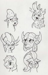 Size: 715x1104 | Tagged: safe, artist:kuroneko, derpibooru exclusive, gallus, ocellus, sandbar, silverstream, smolder, yona, changedling, changeling, classical hippogriff, dragon, griffon, hippogriff, pony, yak, g4, angry, bust, disgusted, dragoness, female, male, monochrome, portrait, scared, simple background, student six, teenager, traditional art, white background, worried