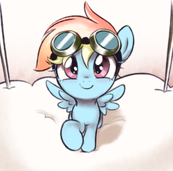 Size: 742x733 | Tagged: safe, artist:pestil, color edit, edit, rainbow dash, pegasus, pony, g4, cloud, colored, cute, daaaaaaaaaaaw, dashabetes, female, filly, filly rainbow dash, foal, goggles, looking at you, looking up at you, simple background, solo, spread wings, wings, younger