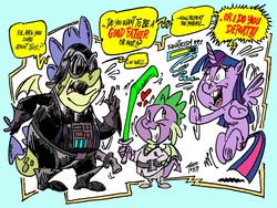 Size: 1280x962 | Tagged: safe, artist:grotezco, sludge (g4), spike, twilight sparkle, alicorn, dragon, pony, g4, clothes, cosplay, costume, darth vader, dialogue, exclamation point, fanatic, floating, floating heart, flying, heart, interrobang, lightsaber, luke skywalker, nerd, obsession, question mark, star wars, twilight sparkle (alicorn), weapon