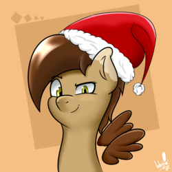 Size: 2500x2500 | Tagged: safe, artist:tonystorm12, oc, oc only, oc:canekblackwood, pegasus, pony, bust, christmas, floating wings, hat, high res, holiday, looking at you, male, portrait, serious, serious face, solo, stallion