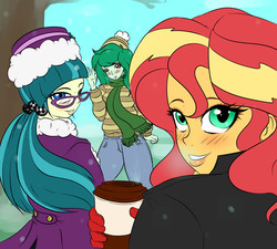 Size: 2000x1800 | Tagged: safe, artist:albertbm, juniper montage, sunset shimmer, wallflower blush, equestria girls, g4, blushing, christmas, clothes, female, holiday, looking at you, snow