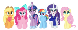 Size: 8890x3473 | Tagged: safe, artist:aleximusprime, applejack, fluttershy, pinkie pie, rainbow dash, rarity, twilight sparkle, alicorn, earth pony, pegasus, pony, unicorn, flurry heart's story, g4, absurd resolution, anklet, big crown thingy, bow, bracelet, chubby, clothes, ear piercing, earring, elements of harmony, fat, female, flower, freckles, future, glasses, hat, jewelry, mane six, mare, older, piercing, plump, ponytail, pudgy pie, regalia, scarf, shirt, short hair, simple background, smiling, tiara, transparent background, twilight sparkle (alicorn)