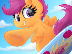 Size: 2000x1500 | Tagged: safe, artist:lbrcloud, scootaloo, pegasus, pony, g4, bipedal, cloud, cute, cutealoo, ear fluff, eye clipping through hair, eyebrows, eyebrows visible through hair, female, filly, looking at you, skateboard, skaterloo, smiling, solo