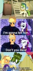 Size: 500x1062 | Tagged: safe, edit, edited screencap, screencap, applejack, pistachio, rarity, pony, boast busters, g4, my little pony best gift ever, the return of harmony, beehive hairdo, caption, comic, frozen (movie), green hair, hilarious in hindsight, image macro, screencap comic, text, updo