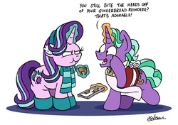 Size: 5752x4058 | Tagged: safe, artist:bobthedalek, firelight, starlight glimmer, pony, unicorn, g4, absurd resolution, apron, baking tray, boots, clothes, earmuffs, father and daughter, fathers gonna father, female, gingerbread (food), male, mare, scarf, scrunchy face, shoes, stallion, starlight glimmer is not amused, unamused