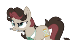 Size: 1280x720 | Tagged: safe, artist:herfaithfulstudent, oc, oc only, oc:corellia, earth pony, pony, bowtie, female, mare, mouth hold, next generation, offspring, parent:doctor whooves, parent:roseluck, parents:doctorrose, simple background, solo, sonic screwdriver, transparent background, vector