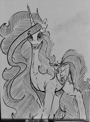 Size: 941x1280 | Tagged: safe, artist:greyscaleart, princess celestia, alicorn, pony, g4, female, hatching (technique), solo, traditional art