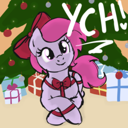 Size: 2100x2100 | Tagged: safe, artist:lannielona, pony, bauble, bow, christmas, christmas tree, commission, crossed legs, gift wrapped, high res, holiday, lights, looking at you, present, ribbon, sketch, smiling, solo, tied up, tree, under the tree, your character here