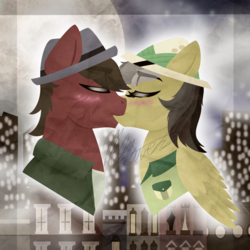 Size: 1000x1000 | Tagged: safe, artist:shellythewolf1, daring do, oc, oc:phillip finder, earth pony, pegasus, pony, fanfic:ponyville noire, g4, blushing, bust, canon x oc, clothes, eyes closed, fanfic art, female, hat, helmet, kissing, lineless, male, mare, night, phiring, portrait, profile, shipping, skyline, stallion, wings