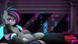 Size: 3840x2160 | Tagged: safe, artist:ciderpunk, oc, oc only, oc:keyphrase, cyborg, earth pony, pony, cables, chips, city, cityscape, clothes, cyberpunk, fluffy, food, high res, looking at you, neon, night, punk, soda, vest