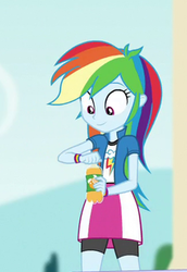 Size: 218x316 | Tagged: safe, screencap, rainbow dash, equestria girls, equestria girls specials, g4, my little pony equestria girls: dance magic, apple cider, clothes, compression shorts, cropped, cute, dashabetes, drink, female, shorts, skirt