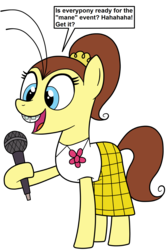 Size: 2297x3425 | Tagged: safe, artist:eagc7, earth pony, pony, bucktooth, clothes, dialogue, female, flower, high res, luan loud, mare, microphone, nickelodeon, ponified, ponytail, simple background, skirt, solo, text, the loud house, transparent background