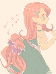 Size: 768x1024 | Tagged: dead source, safe, artist:p3e3c, fluttershy, butterfly, equestria girls, g4, blushing, clothes, dress, female, japanese, simple background, solo, white background