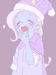 Size: 768x1024 | Tagged: dead source, safe, artist:p3e3c, trixie, equestria girls, g4, blushing, clothes, eyes closed, female, gray background, hat, open mouth, purple background, simple background, solo, stars, tired, yawn