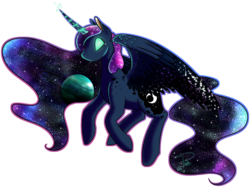 Size: 1280x957 | Tagged: safe, artist:pinkiepegasus, princess luna, pony, g4, alternate design, ethereal mane, eyes closed, female, galaxy mane, planet, simple background, solo, transparent background