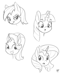 Size: 1000x1200 | Tagged: safe, artist:yakoshi, rainbow dash, starlight glimmer, sunset shimmer, twilight sparkle, pegasus, pony, unicorn, g4, :o, bust, female, lineart, looking away, mare, monochrome, open mouth, simple background, sketch, smiling, white background